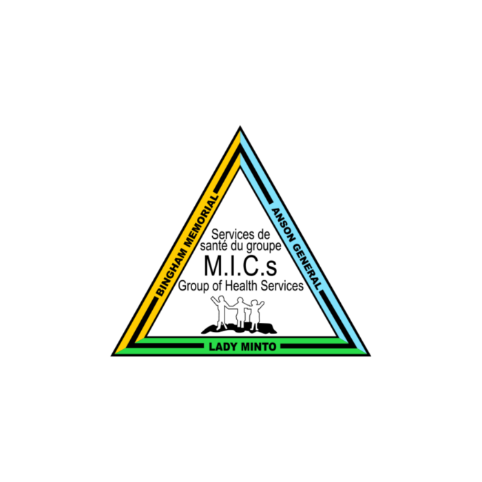 Timmins Care A triangular logo for M.I.C.S Group of Health Services with three sections labeled Anson General, Bingham Memorial, and Lady Minto, featuring an illustration of a tree and three buildings. Cochrane District Social Services Administration Board