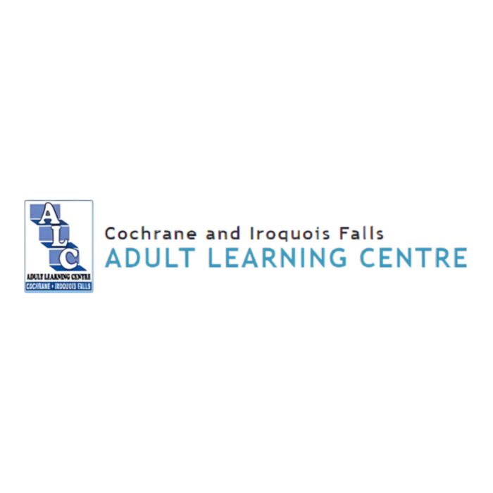 Timmins Care Logo of the Cochrane and Iroquois Falls Adult Learning Centre, featuring a blue and white design with the abbreviation "A.L.C." on the left. Cochrane District Social Services Administration Board