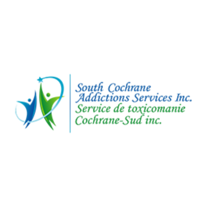 Timmins Care Logo of South Cochrane Addictions Services Inc. with the text "Service de toxicomanie Cochrane-Sud inc." in green and blue, featuring abstract human figures with a star design. Cochrane District Social Services Administration Board